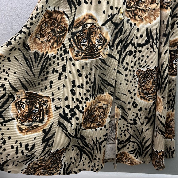 Vintage La Fete Ribbed Button Front Midi Dress Lion Tiger Animal Print Size M - Picture 4 of 8